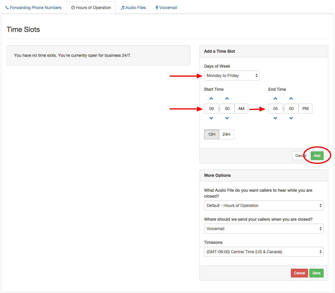 worksheet Add Time how to add hours of operation talkroute support note the start and stop time will apply all days within chosen range once you have entered this information click add