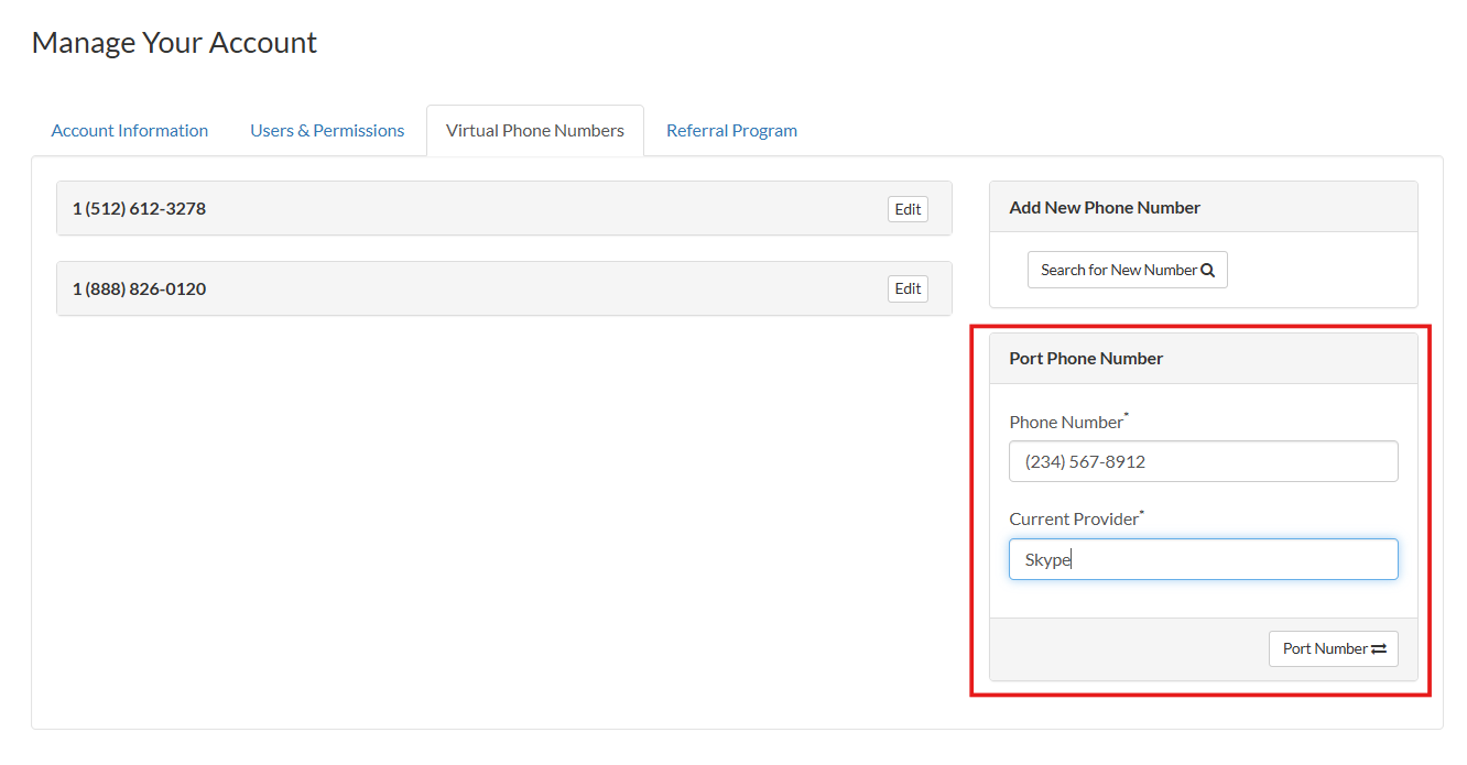 port old skype number