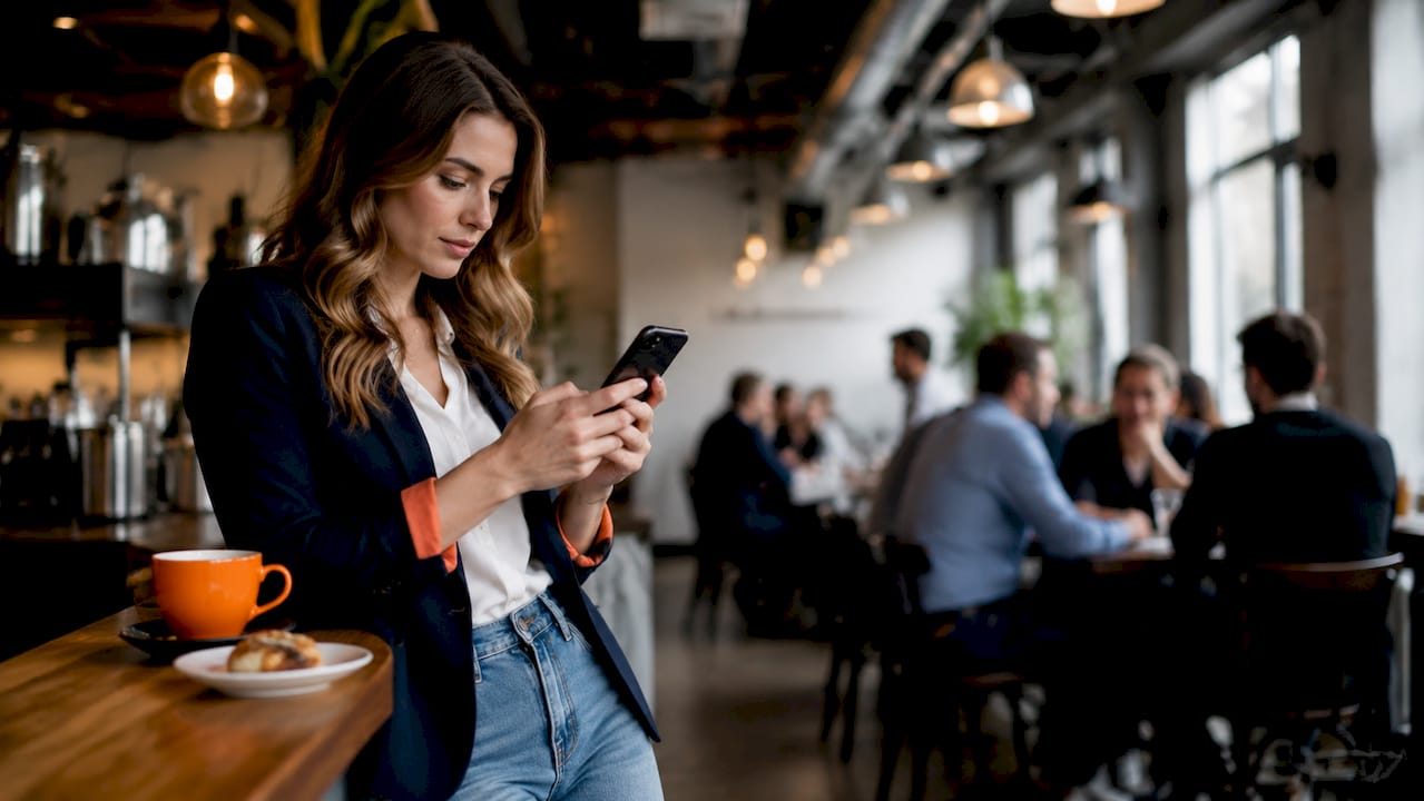 Woman adding business line on smartphone at desk