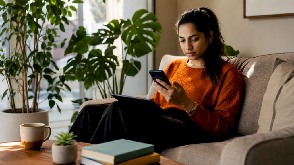 Woman using mobile phone app at home office desk