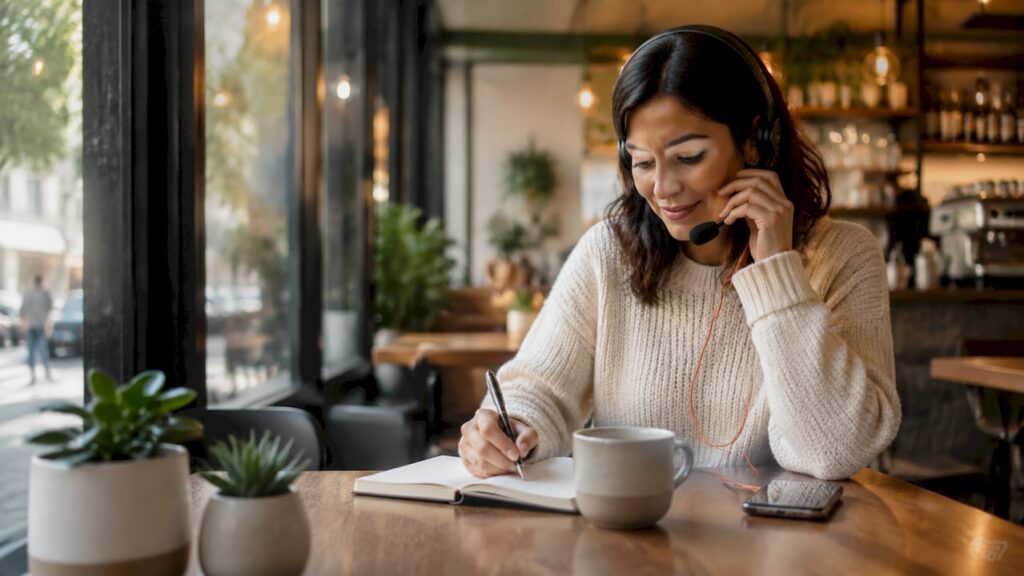 Small business owner on virtual phone call at home desk