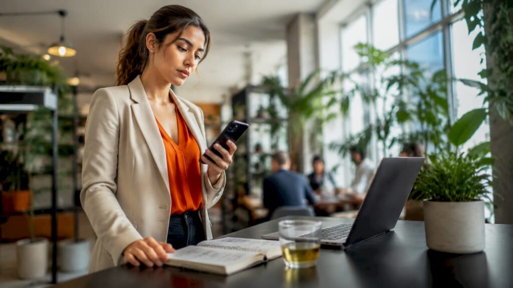 Woman managing calls on smartphone at home office desk