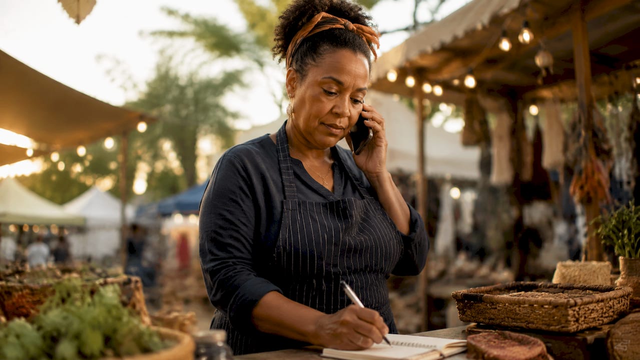 Small business owner taking mobile app business call