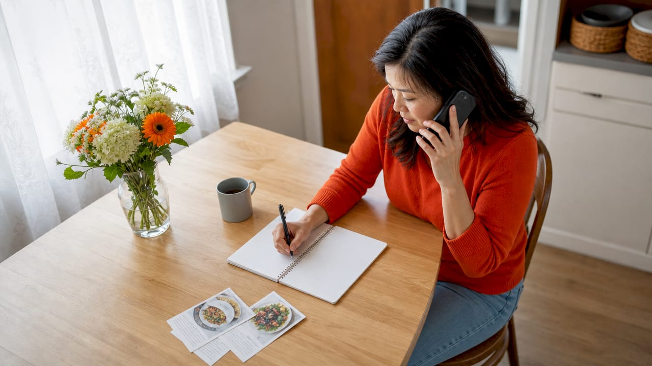 Woman using business phone at desk