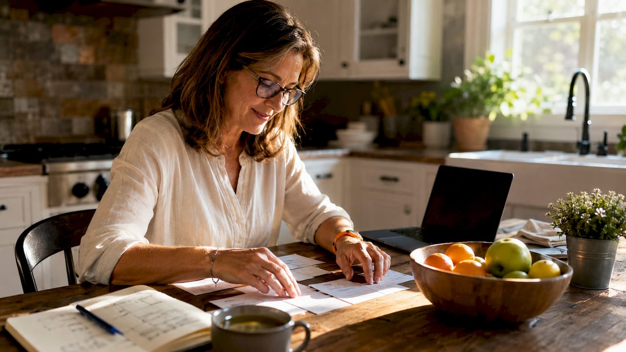 Businesswoman organizing phone setup documents at desk