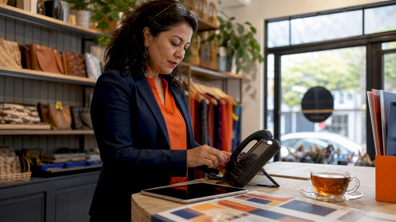 Businesswoman setting up phone system at desk