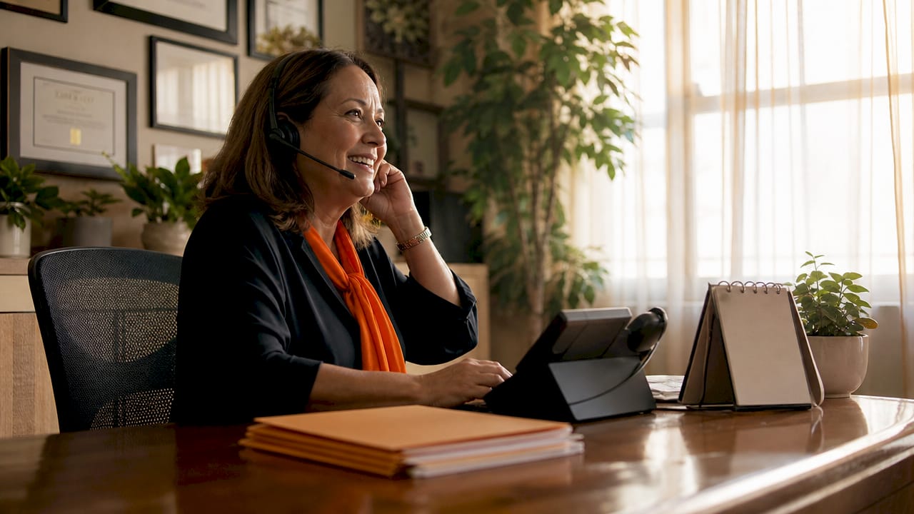 Receptionist answering business call at desk