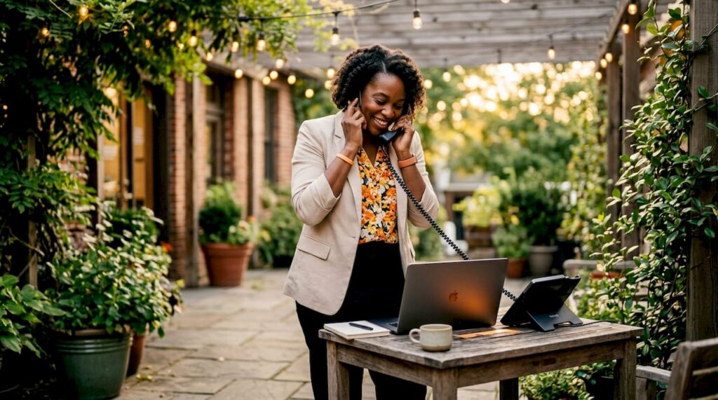Small business owner using desk phone in office