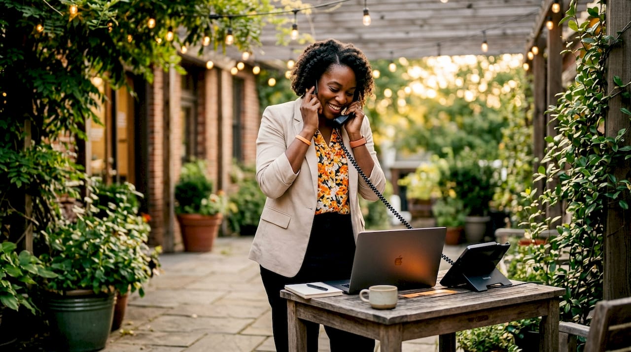 Small business owner using desk phone in office