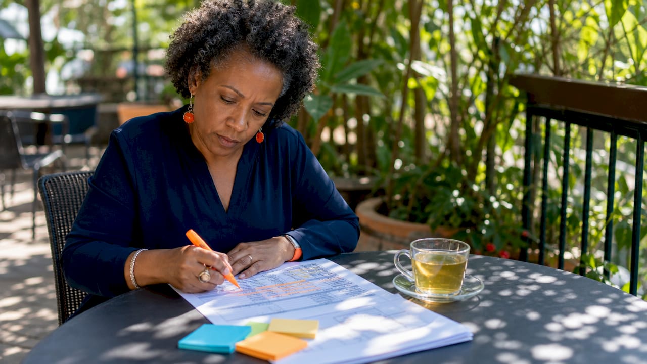 Woman auditing business phone bill at home desk