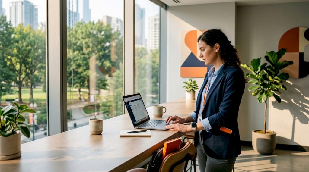 Person comparing virtual phone system alternatives at desk