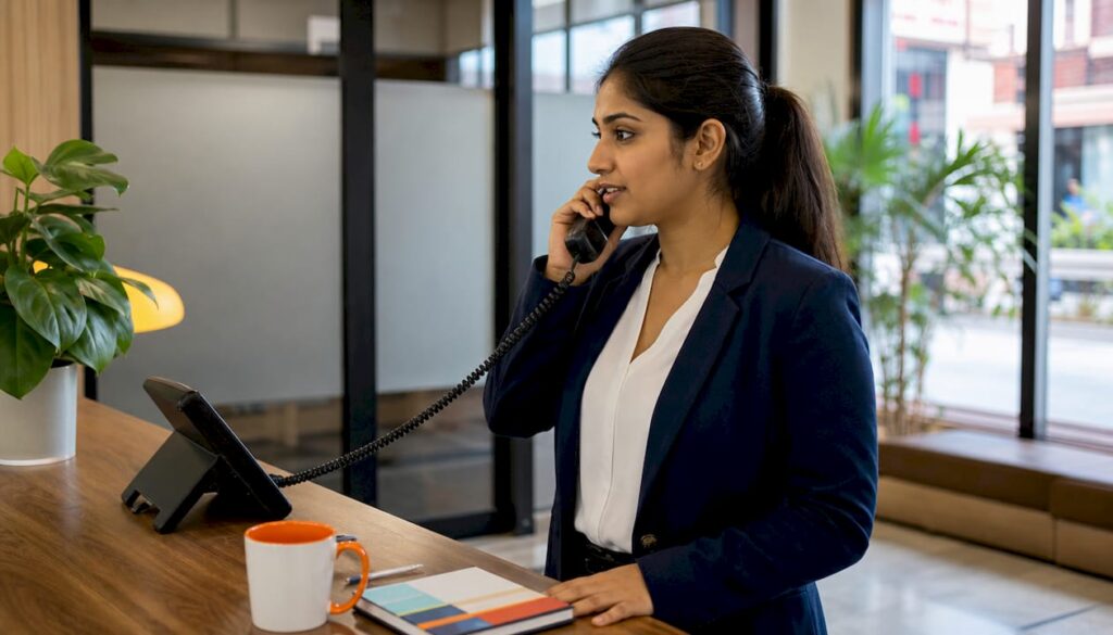 Small business worker using VoIP phone