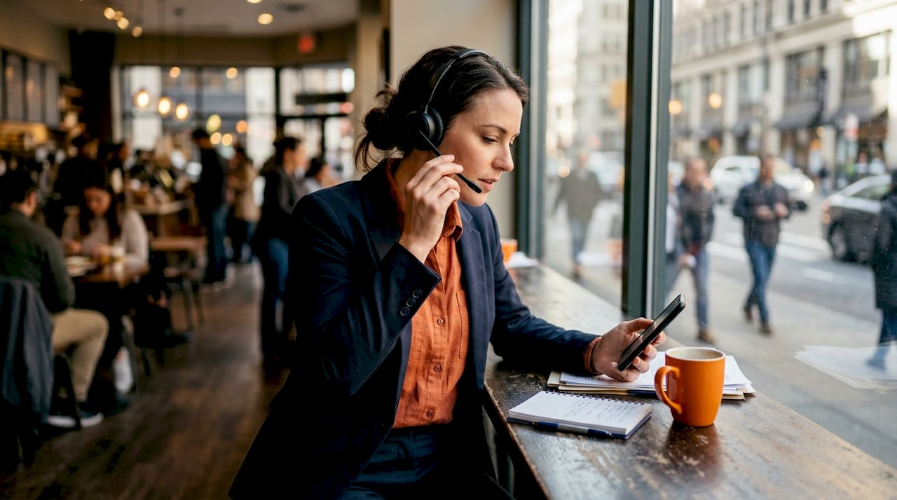 Businesswoman using phone and headset at desk