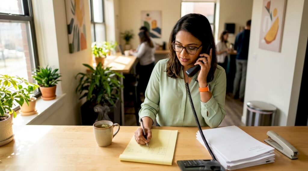 Woman using desk phone managing call forwarding