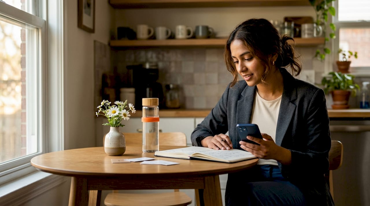 Woman using phone and tablet in home office