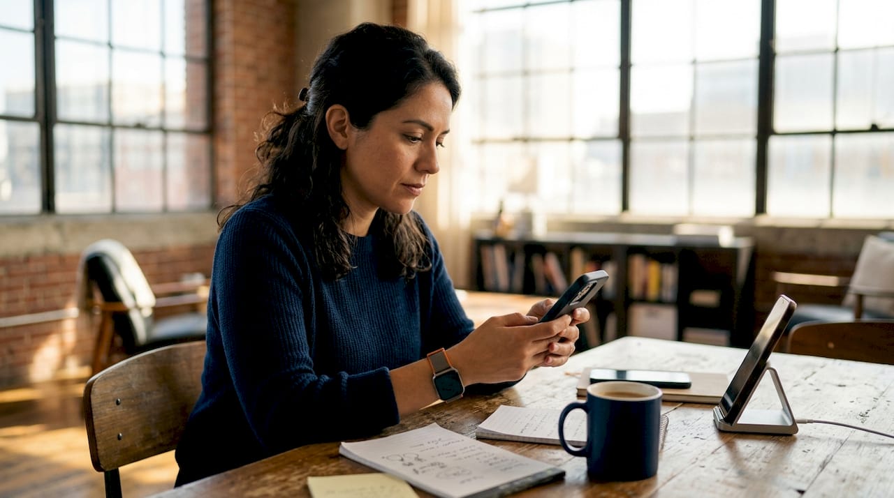 Woman setting up toll-free number on phone