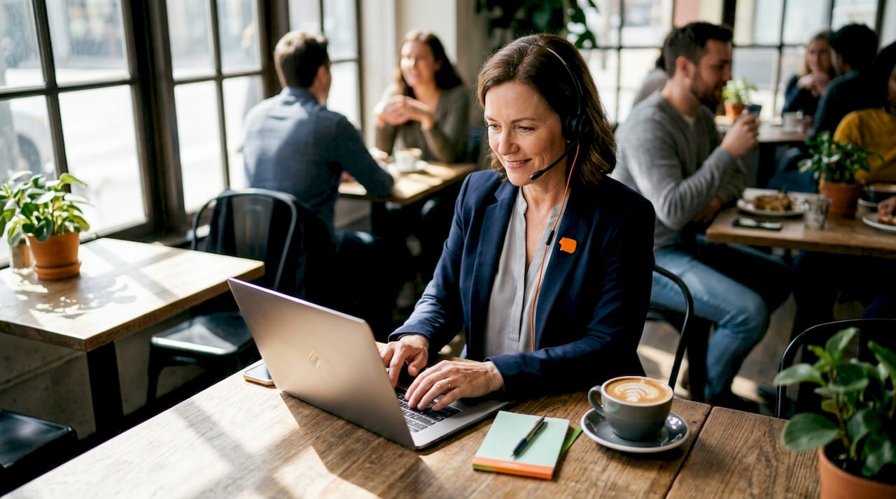 Virtual receptionist at home desk wearing headset