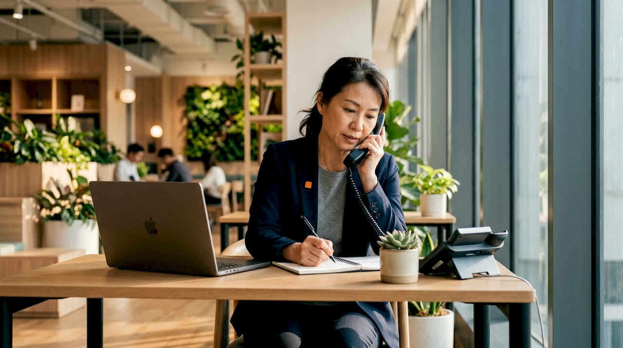 Frustrated businesswoman managing phone system problems