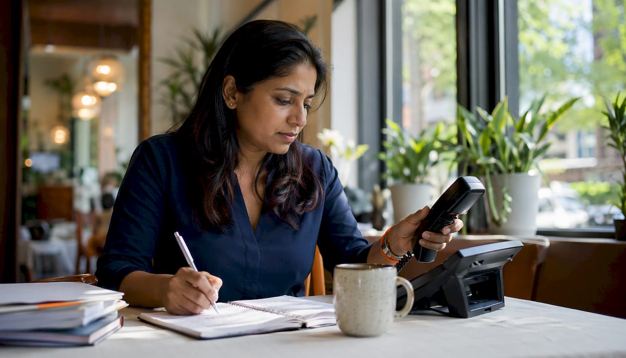 Woman reviewing old business phone system
