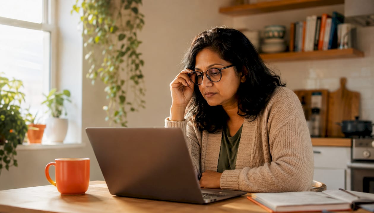 Woman choosing phone system at home desk