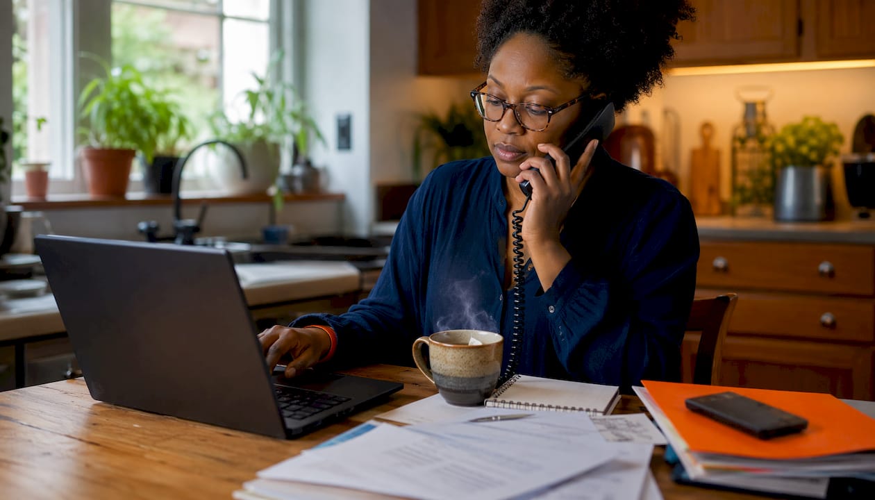 Woman managing call screening at home office desk