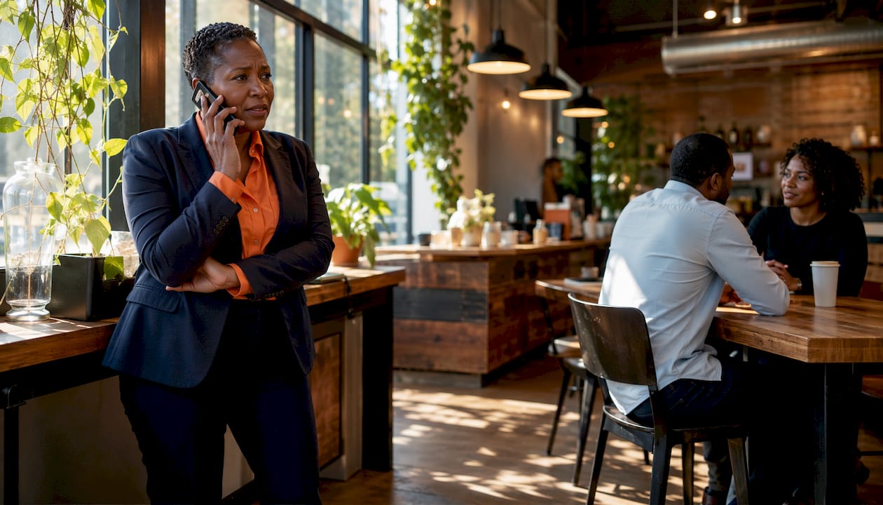 Businesswoman reacts to missed phone call in office