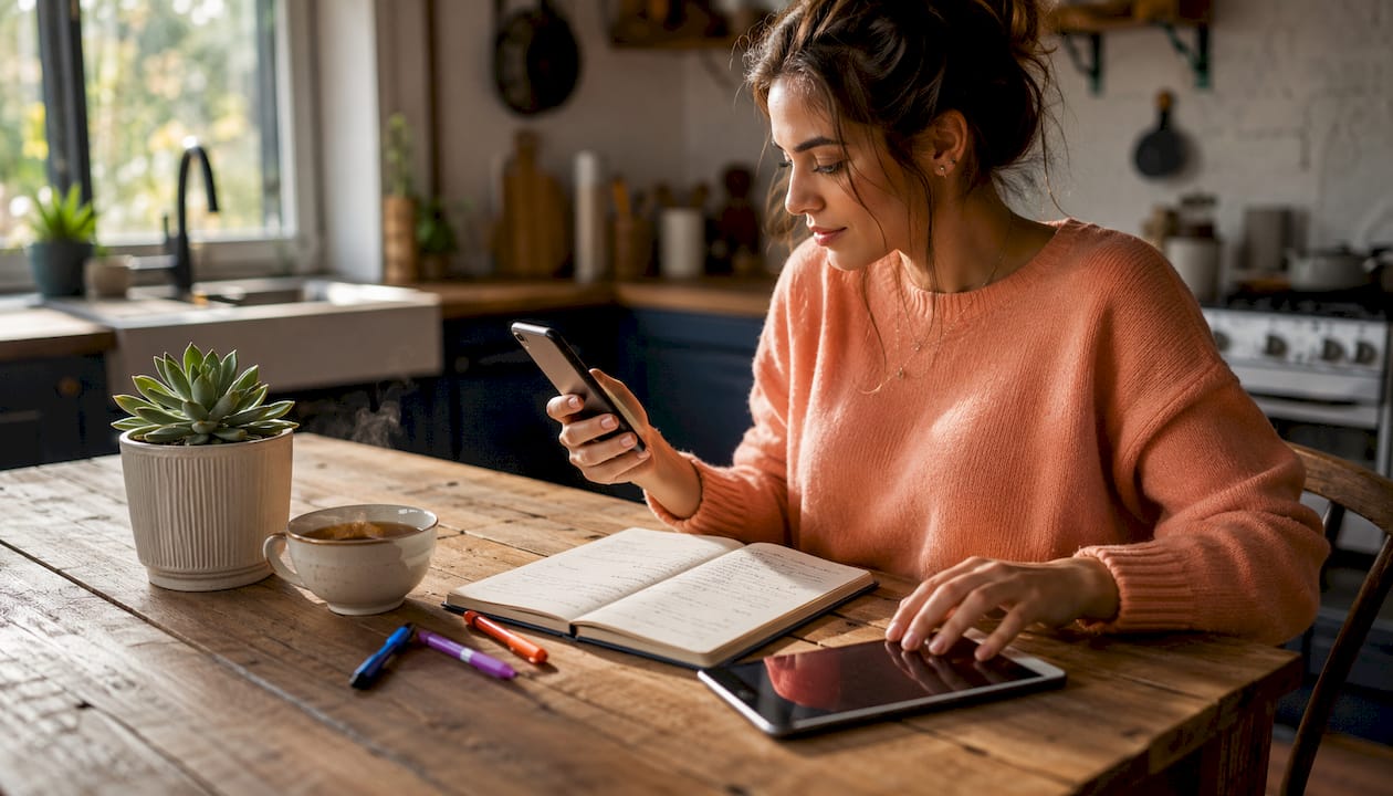 Woman setting up virtual phone number on smartphone