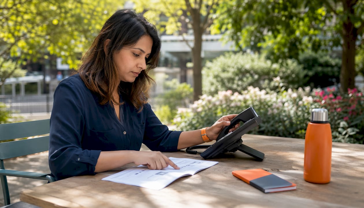 Woman setting up VoIP phone in coworking space