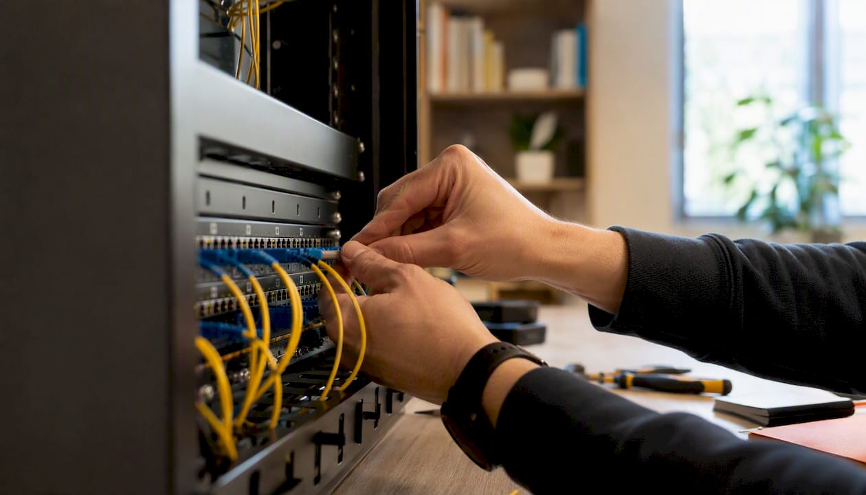 Hands connecting network cables on telecom equipment