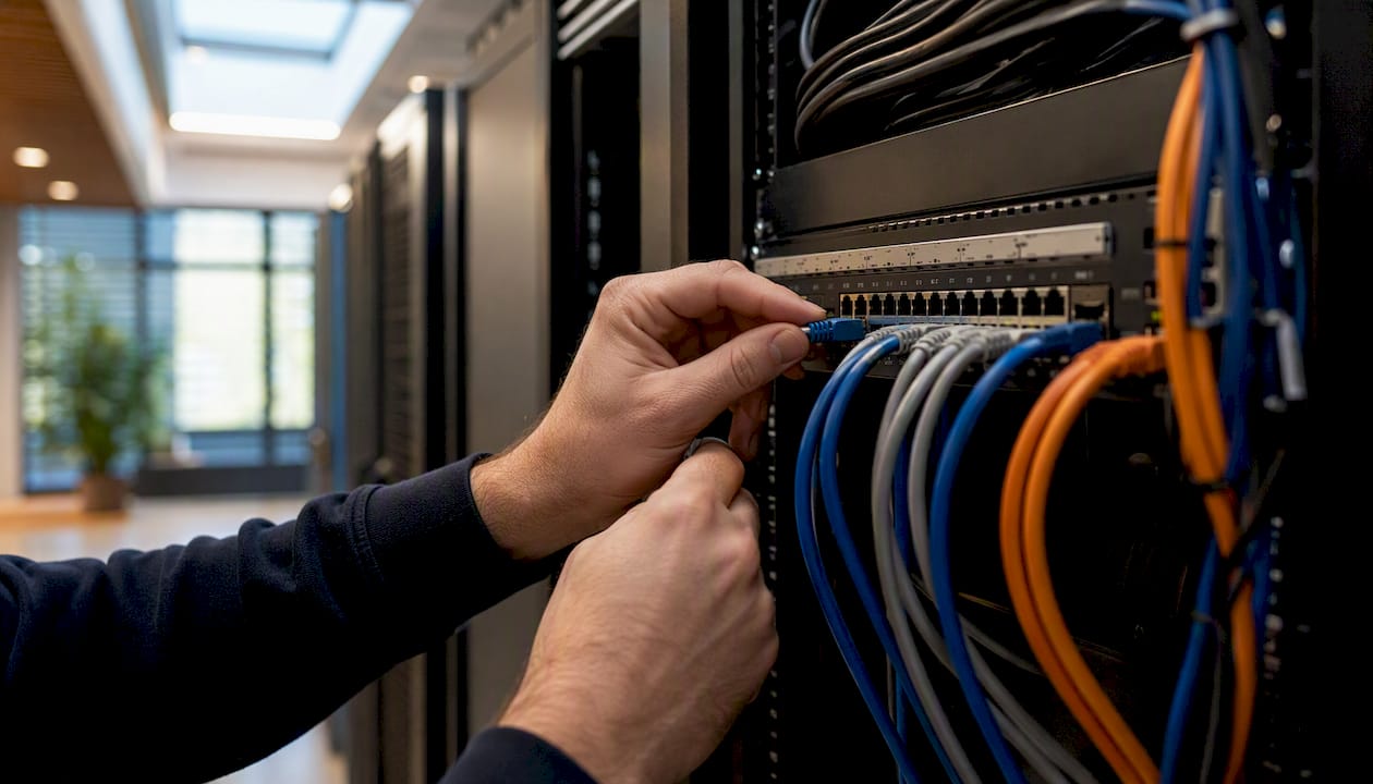 Hands connecting Ethernet cables to network switch