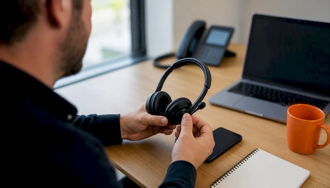 SMB admin arranging headset and phone on desk