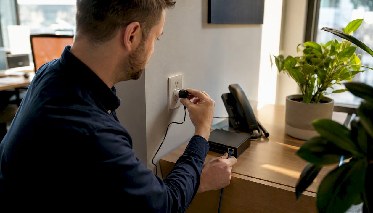 Hands setting up VoIP adapter device