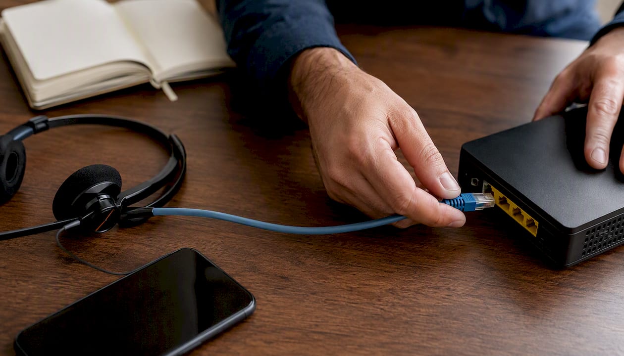 Hands plugging network cable into VoIP adapter