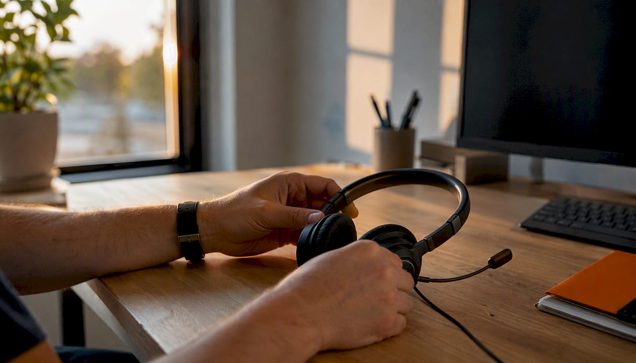 Hands adjusting business VoIP handset