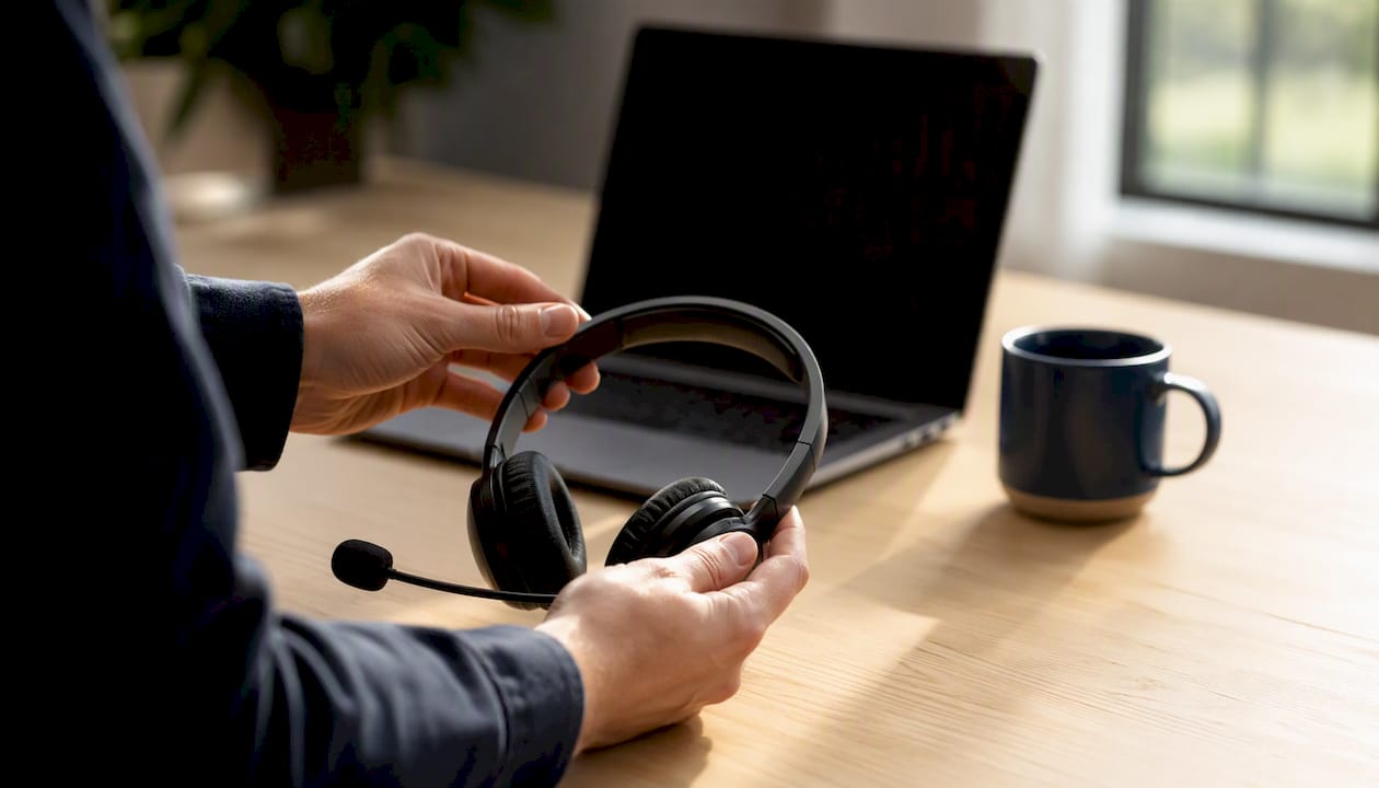 Hands adjusting headset on office desk