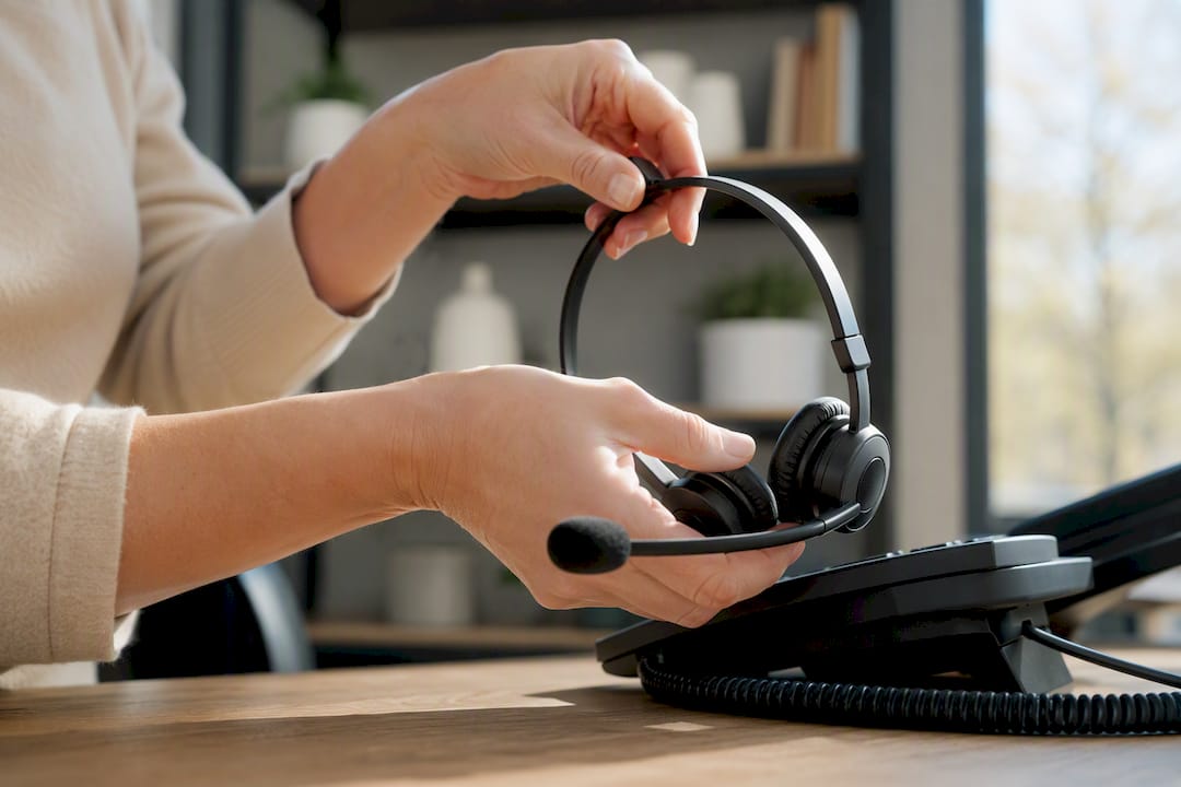Hands adjusting call center headset mic
