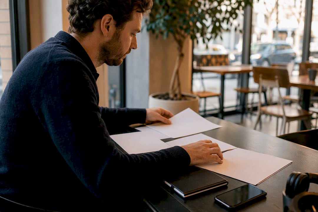 Hands arranging pitch template papers on desk