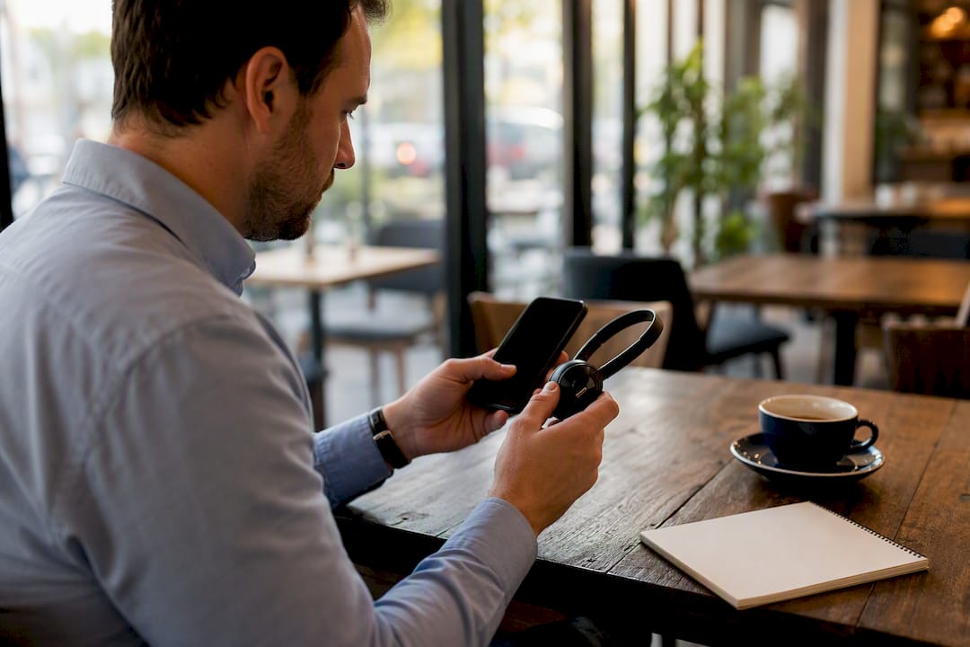 Person adjusting wireless headset for forwarding