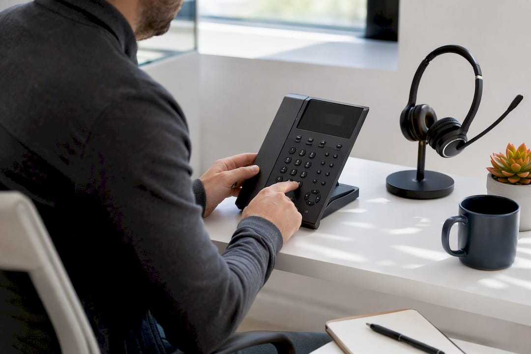 Hands dialing VoIP phone in business setting