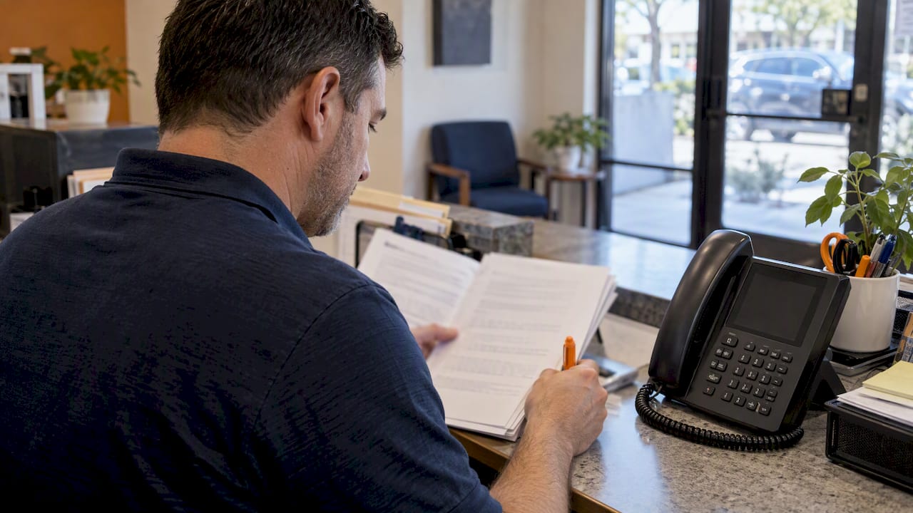 Business owner reviewing hold music records
