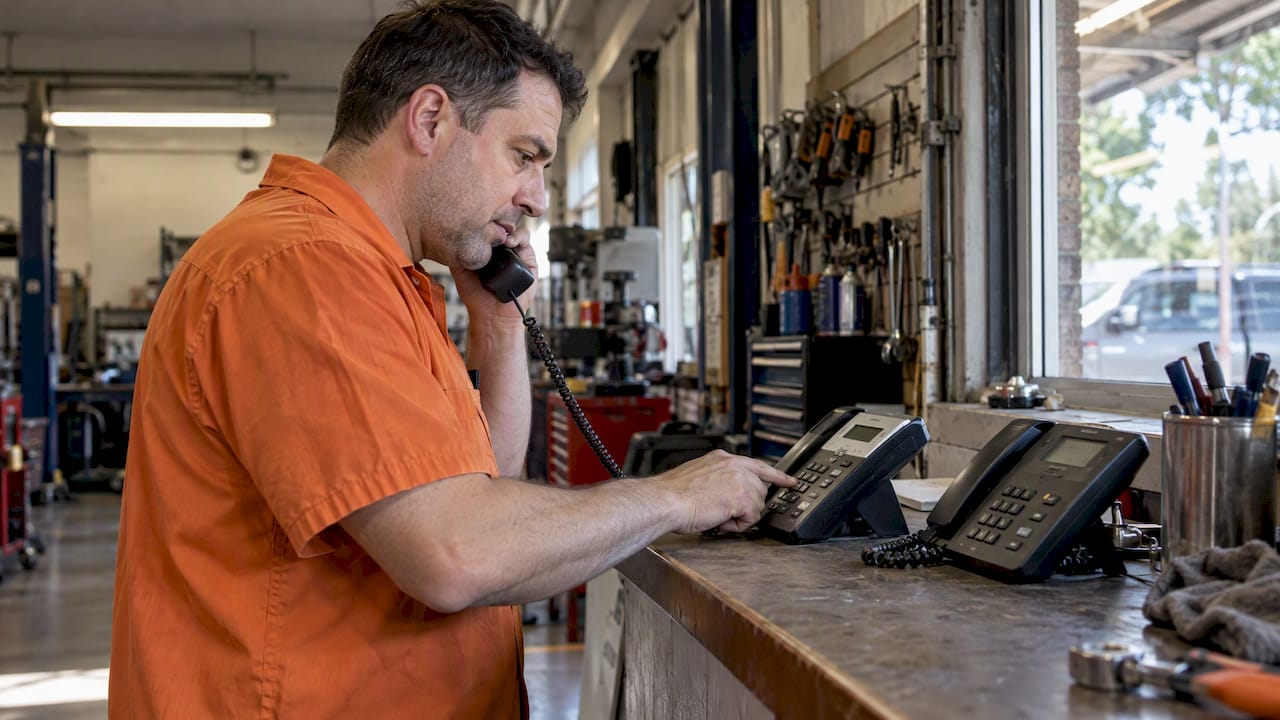 Owner testing backup calls at shop counter